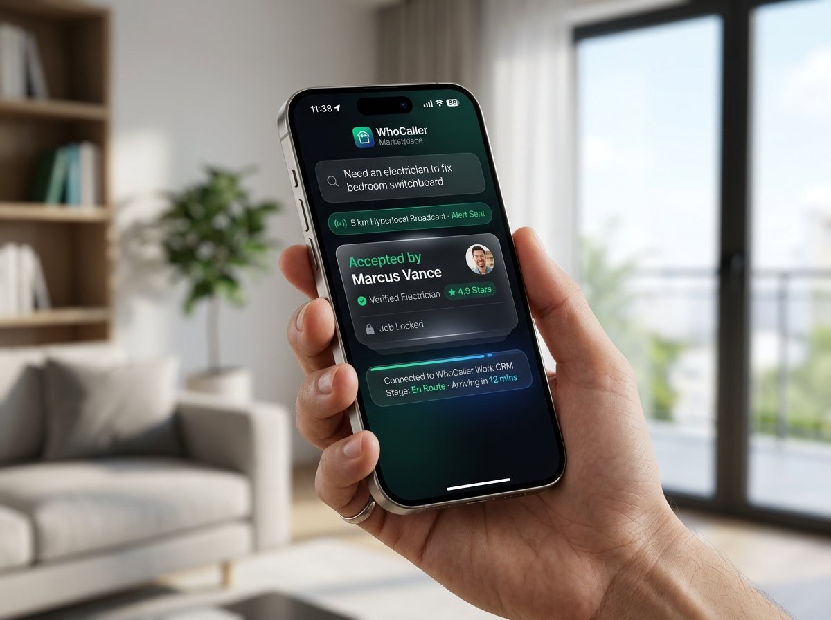 WhoCaller Marketplace Hyperlocal AI Radar connecting plain-English requests to verified profiles within 5 km with instant job lock and WhoCaller Work CRM status sync
