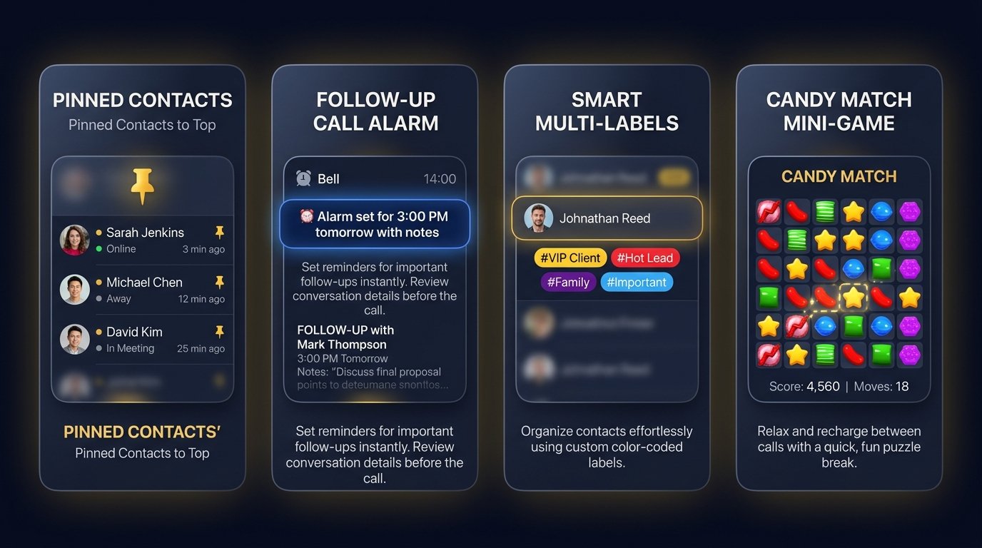 Pinned Contacts, Follow-up Alarms, Color Labels, and Candy Match Mini Game