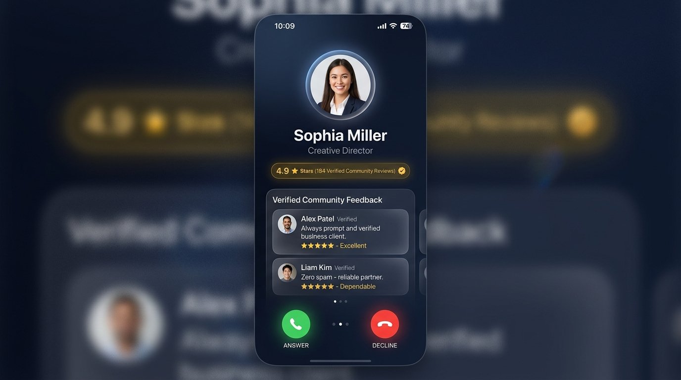 Live scrolling reviews and ratings on WhoCaller incoming call screen