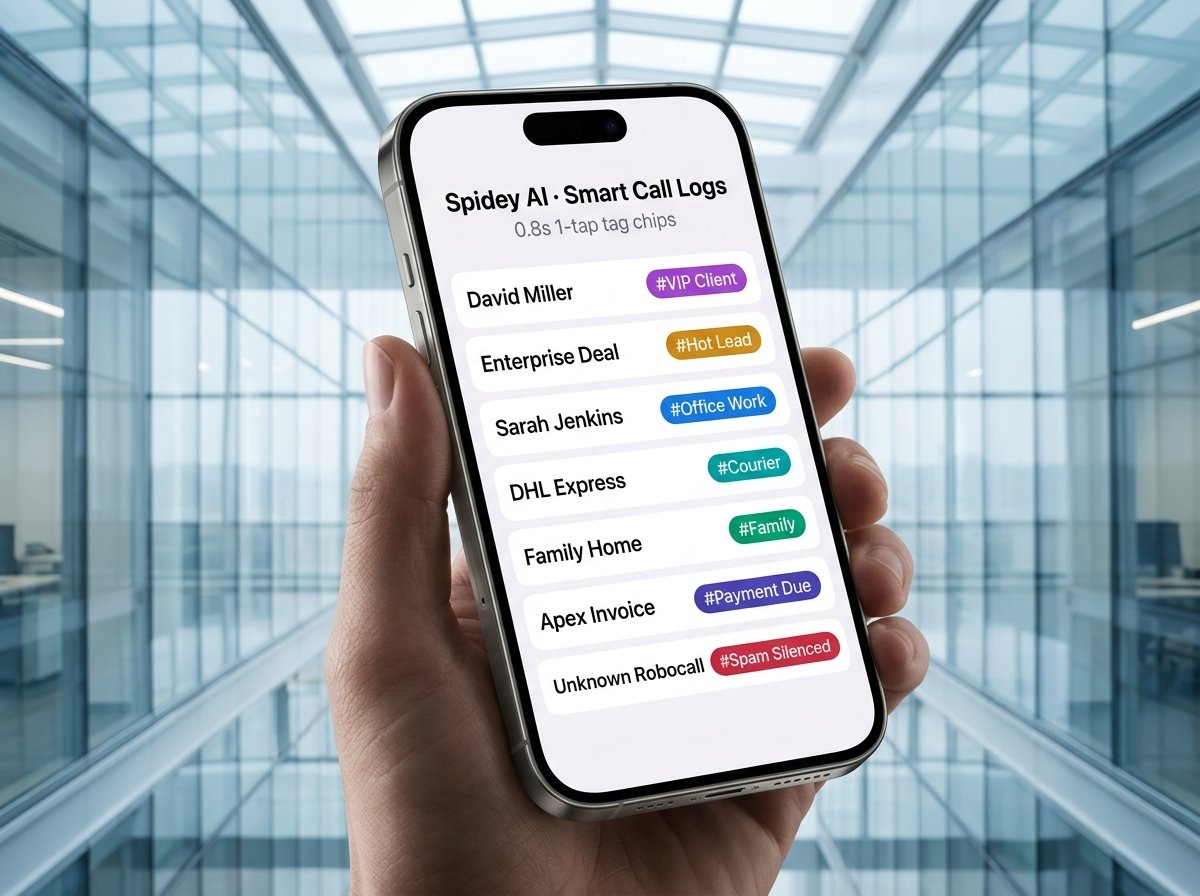 Spidey AI Smart Call Logs with multi-color semantic pills on WhoCaller
